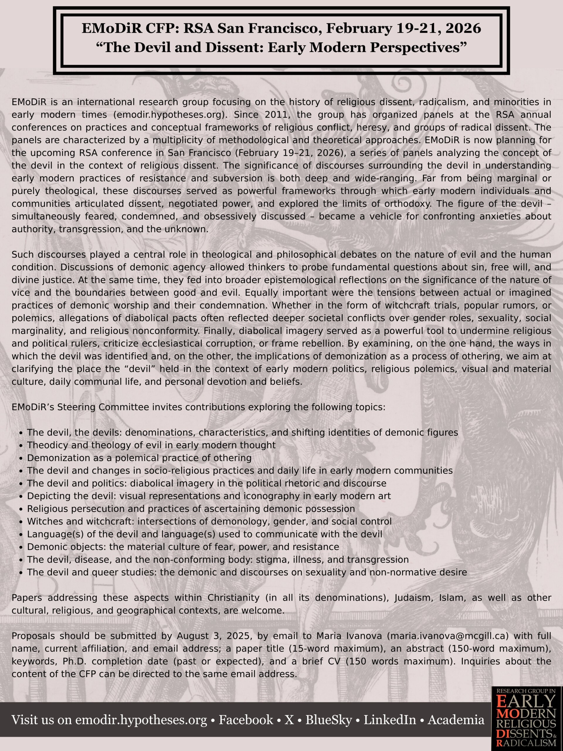 Early Modern Religious Dissents and Radicalism (EMoDiR) RSA Annual Meeting, San Francisco - CALL FOR PAPERS