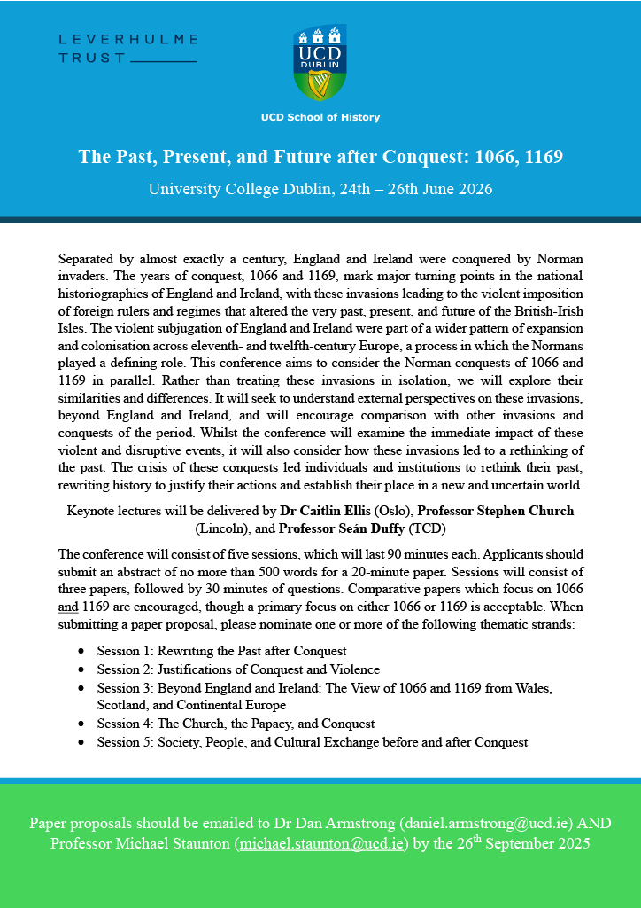 The Past, Present, and Future after Conquest: 1066, 1169 - CALL FOR PAPERS