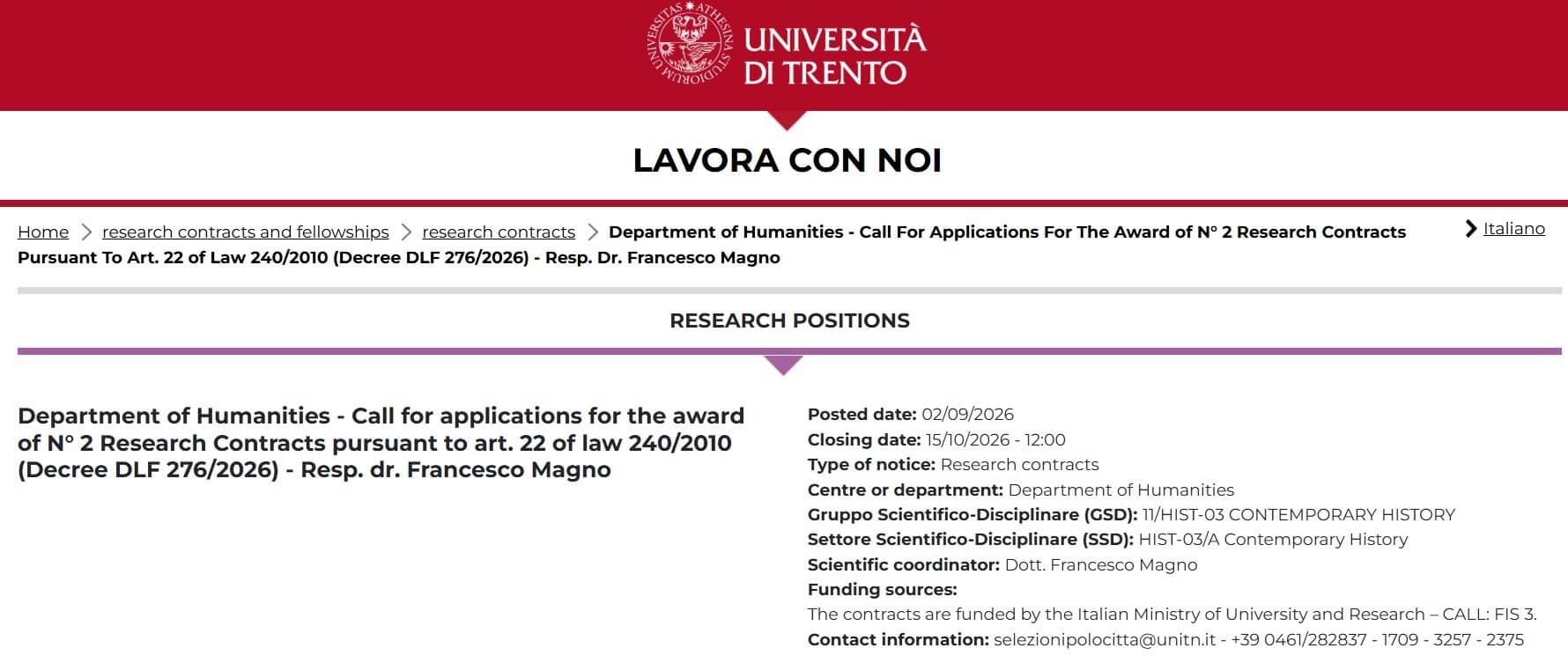 Call for two postdoctoral positions in Contemporary history at University of Trento (Italy) - OTHER EVENT