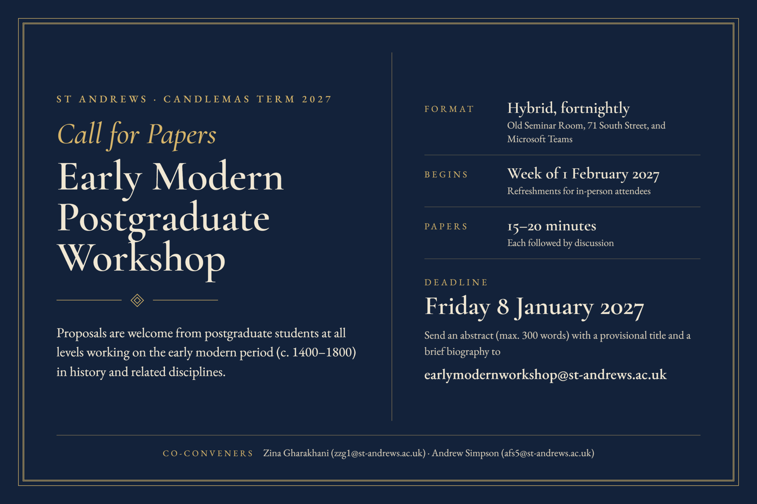 St Andrews Early Modern PG Workshop Call for Papers – Candlemas Term 2027 - CALL FOR PAPERS