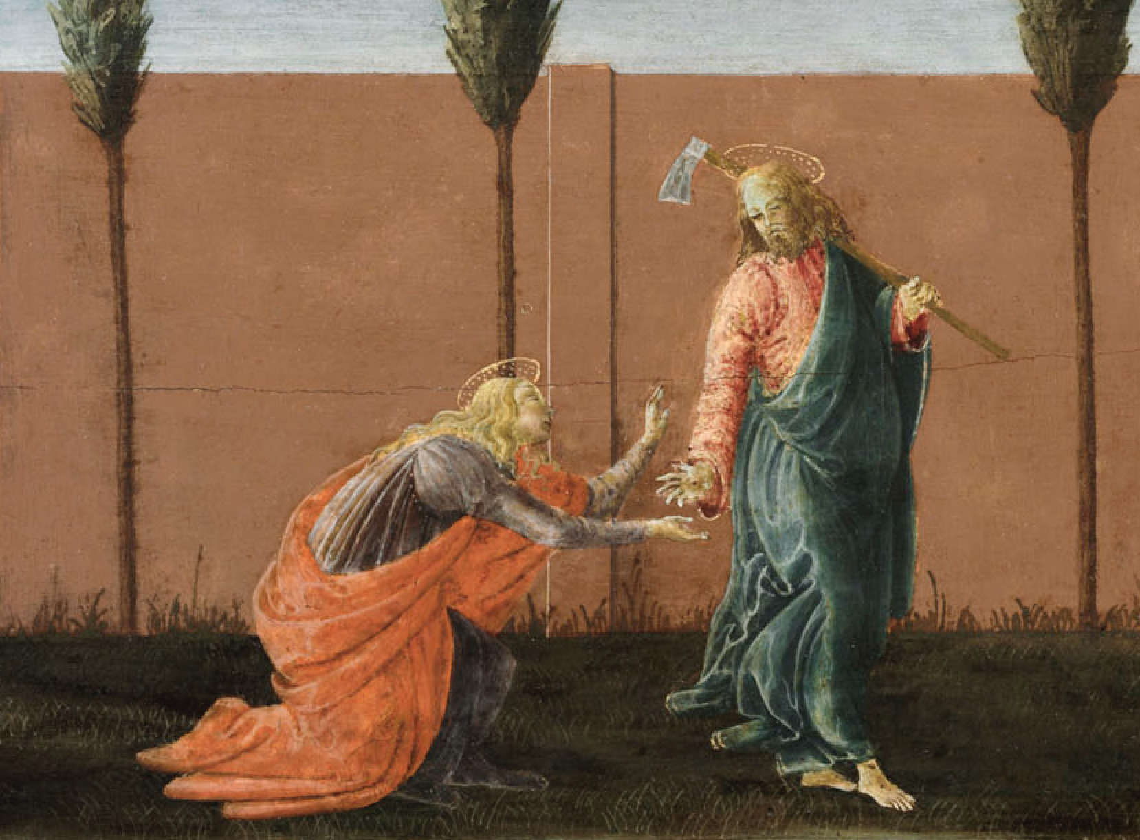 Alt: Mary Magdalene, in red, bends towards Christ, who moves away from her. He wears a blue cloak and holds a garden hoe.